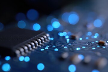 Macro shot of a circuit board with glowing blue pathways and electronic components representing advanced computing technology