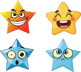 Expressive cartoon star characters, colorful star emojis with emotions, playful star illustrations, vector star shapes, cute animated stars, fun cosmic character designs