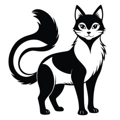 Stylized Black and White Fox Standing with Fluffy Tail Illustration Image Design