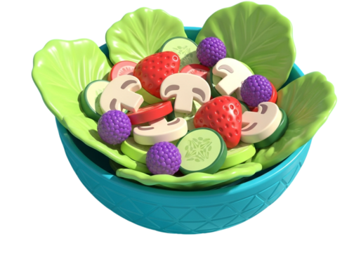 Toy salad with strawberries, mushrooms, and cucumber in a bowl isolated on transparent background