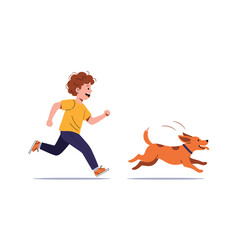 Happy young boy joyfully running with his energetic dog outdoors on a sunny day playing fetch