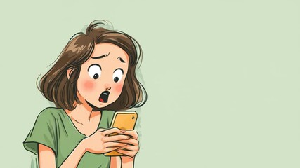 Cartoon woman chatting on her phone and then reacting with surprise and shock, light background.