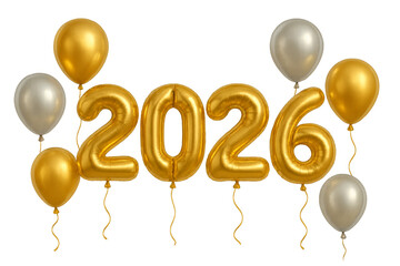 Golden 2026 balloons floating with gold and silver balloons on transparent background