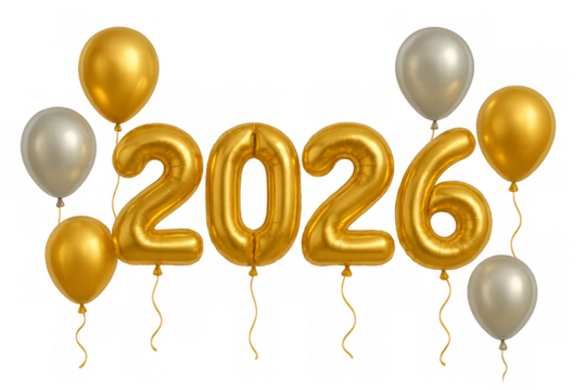 Golden 2026 balloons floating with gold and silver balloons on transparent background