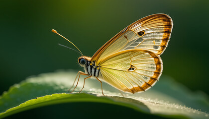A delicate yellow butterfly with intricate wing patterns rests on a vibrant green leaf, bathed in soft, natural sunlight