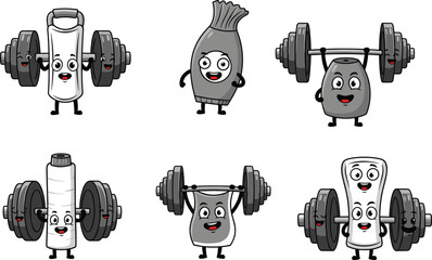 Funny gym supplement cartoon set, protein, shaker, energy drink characters lifting weights, vector fitness icons, cute workout clipart, health product mascots