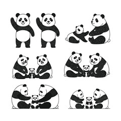 Naklejka premium Adorable panda family poses a cute collection of bamboo bear illustrations