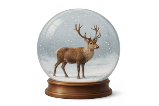 Snow globe with majestic deer standing in snowy landscape, perfect for christmas projects