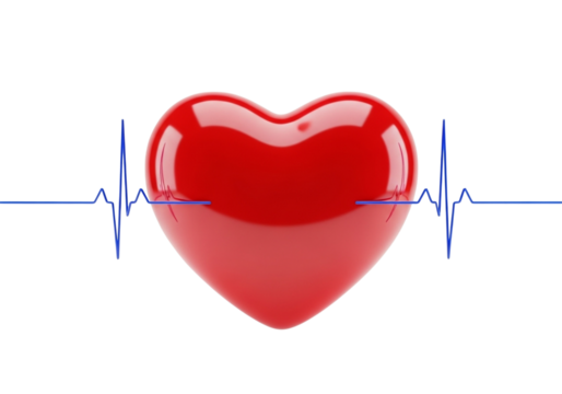 Red heart symbol with electrocardiogram line isolated on transparent background