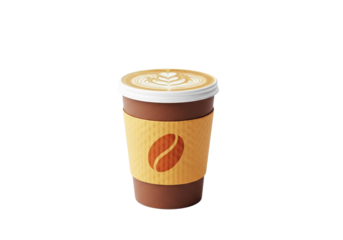 Disposable coffee cup with lid and sleeve isolated on transparent background