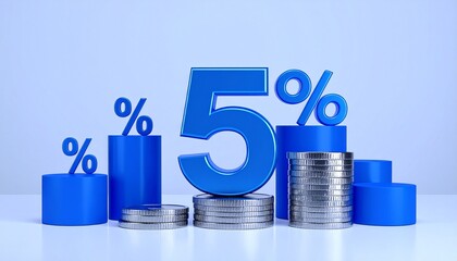 5% financial concept with coins and bar graphs