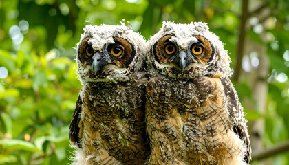 Two young owls close up