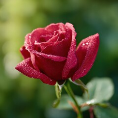 Close-up of a vibrant red rose covered in morning dew drops against a softly blurred garden background