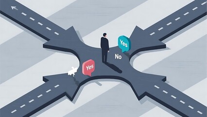 A vector illustration showing a figure standing at a crossroads.