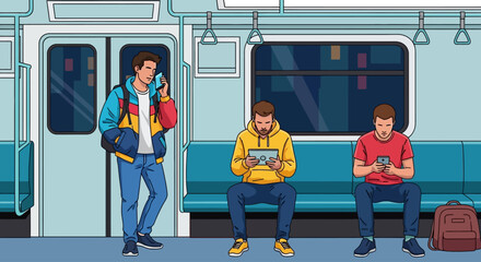Flat Vector Illustration of Subway Passengers Using Smartphones &ndash; Modern Public Transportation Design