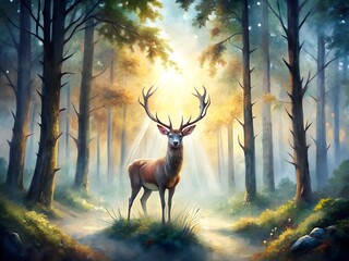 Majestic Red Deer in Enchanted Sunlit Forest in water color