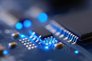 Macro shot of a circuit board with glowing blue pathways and electronic components representing advanced computing technology