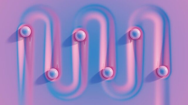 Abstract seamless 3D animation of blue spheres moving in zigzag patterns across a soft blue surface with fading pink trails, ideal for modern creative projects, clean visual backgrounds, branding