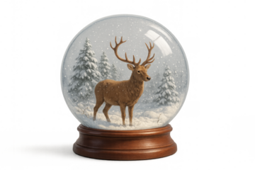 Majestic deer standing in snow globe with falling snow and pine trees on transparent background