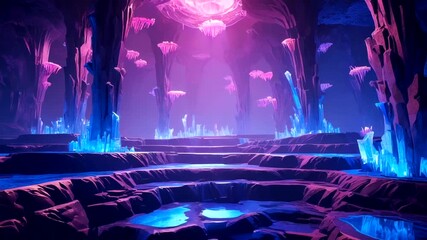 A vibrant, otherworldly cave, lit by glowing crystals and vibrant hues. - Powered by Adobe