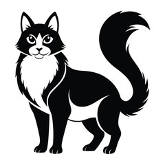 Elegant Cartoon Cat Illustration Black and White Design with Fluffy Tail and Smile