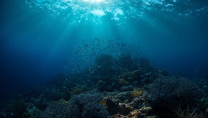 Scuba diver exploring colorful coral reef underwater with tropical fish