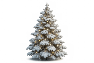 Snowy christmas tree with glowing lights on transparent background