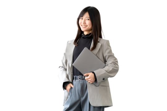 ノートパソコンを持つ女性・ビジネスウーマン（背景透過PNG）