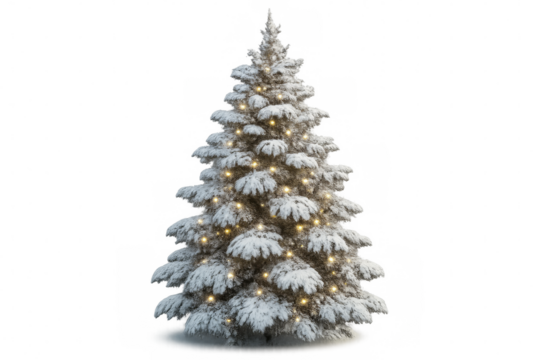 Snowy christmas tree with glowing lights on transparent background