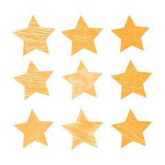 Set of golden stars isolated, Hand Drawn Yellow Star Sketch Symbol, design element vector illustration.