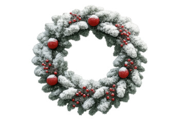 Snowy christmas wreath with red berries and baubles on transparent background