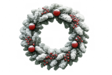 Snowy christmas wreath with red berries and baubles on transparent background