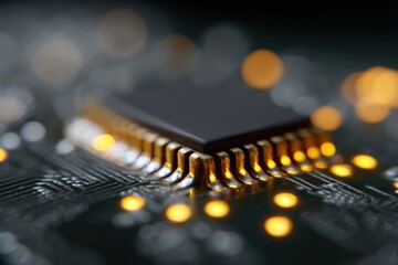 Macro shot of illuminated microchips and circuitry symbolizing advanced computing technology and innovation