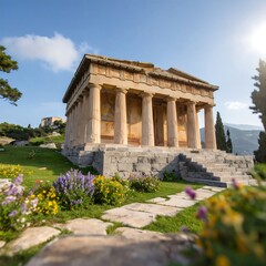 Fototapeta premium Ancient temple, lush landscape, sunlit