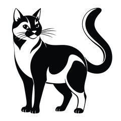 Elegant Black and White Cat Illustration with Curled Tail and Alert Expression