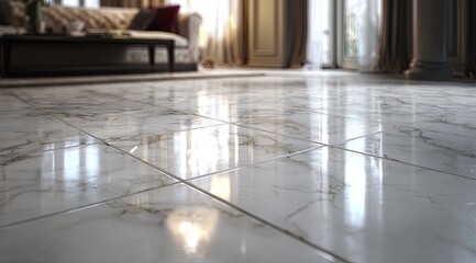 Interior shot of a glossy, white marble tiled floor reflecting a luxurious living room