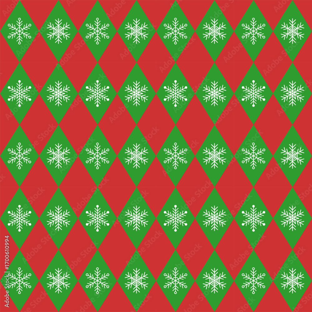 Poster seamless argyle pattern with white snowflakes.colorful harlequin repeat pattern in green and red for