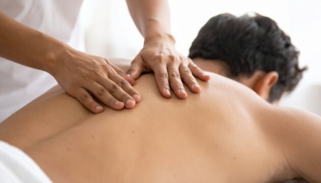 
primer plano de manos de masajista mujer realizando un masaje en la espalda de un cliente hombre. Salud, bienestar, relax