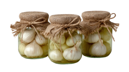 Pickled garlic in jars preserved vegetable food storage homemade fermented cloves healthy condiment ingredient isolated on white background
