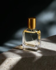 A luxury perfume bottle placed on a marble surface with dramatic studio lighting