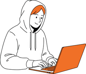 Cartoon illustration of person in hoodie using laptop, casual work and technology concept, vector art, flat design, minimal style