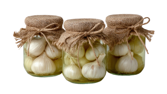 Pickled garlic in jars preserved vegetable food storage homemade fermented cloves healthy condiment ingredient isolated on white background
