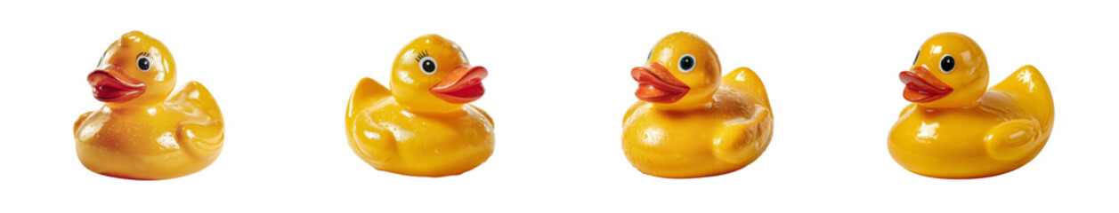Vibrant yellow rubber duck collection on black background, playful bath toy, isolated PNG set, transparent background