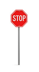 Red stop sign on a pole, isolated on white background