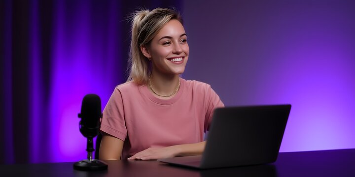 Blonde teenage girl in coral graphic tee recording a podcast at black desk with laptop and mic