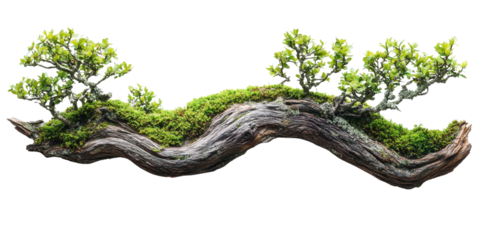 Beautiful moss on the old wooden branch isolated on white transparent background