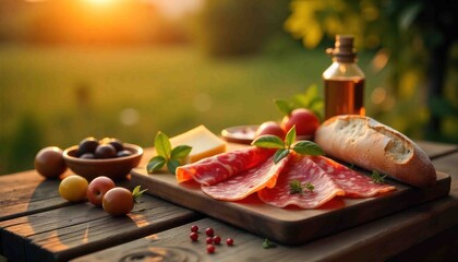 Appetizing Outdoor Arrangement Still Life Featuring Gourmet Charcuterie Food