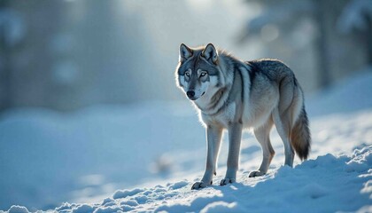 Naklejka premium Majestic Wildlife Portrait of a Gray Wolf Standing in Snow Landscape