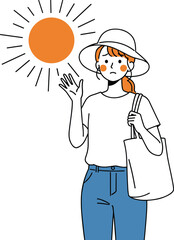 Cartoon illustration of person under hot sun wearing hat and carrying tote bag, summer heat and sun protection concept, vector art, flat design, minimal style