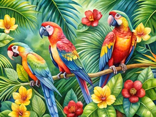 Fototapeta premium Three Vibrant Macaws Perched on Branch Amid Lush Tropical Foliage in water color